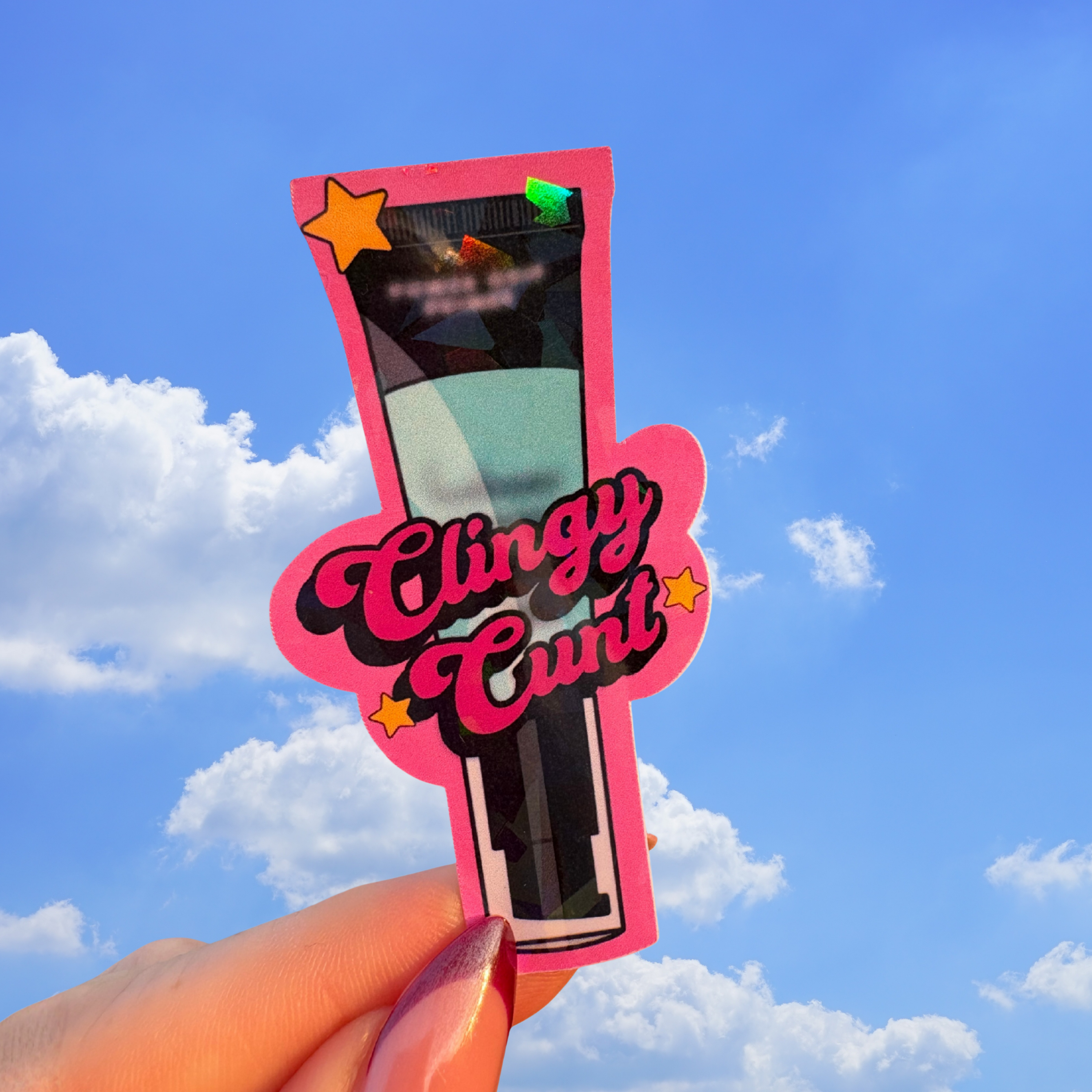 Elf power grip primer as a dazzling shiny holographic sticker with the slogan clingy cunt in pink with cute stars. From the iconic make up collection.  toxic ex inspired. 