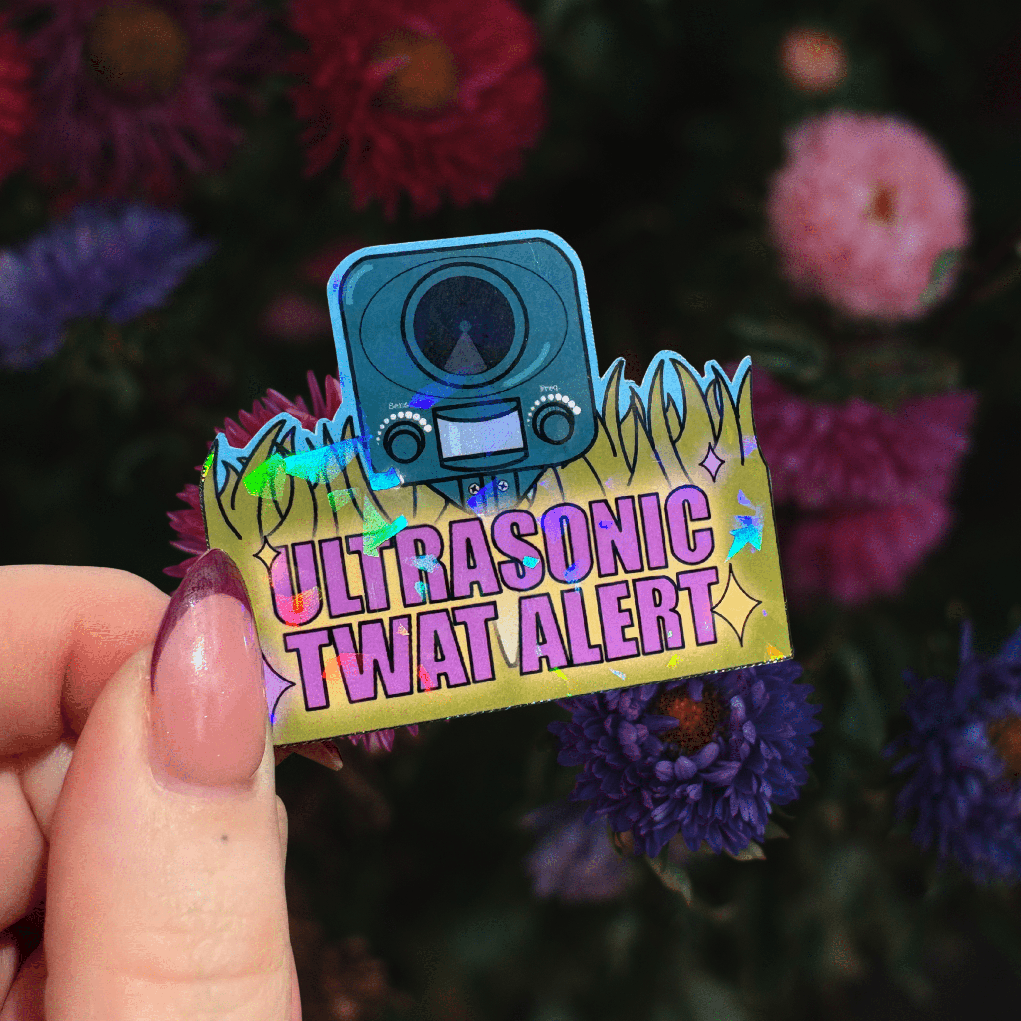Ultrasonic twat alert holographic stickerThe Offensive Sticker Co.